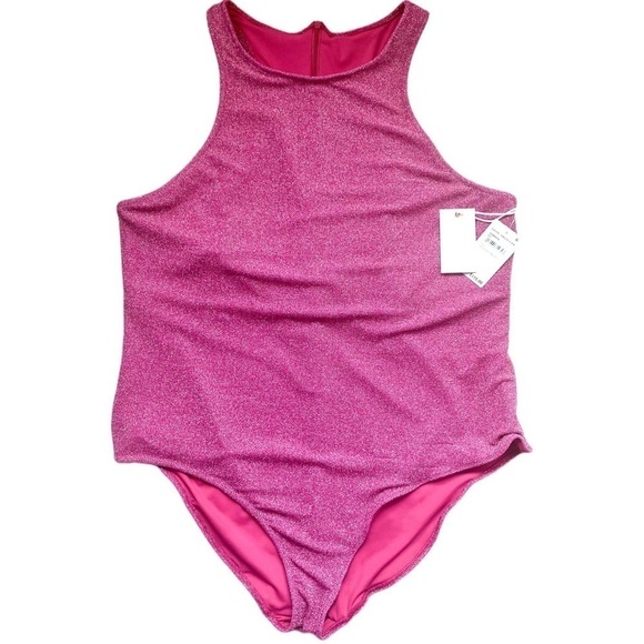 GOOD AMERICAN Hawaiian Pink Sparkle Racerback One Piece Swimsuit Size 7(4XL) NWT - Picture 2 of 11
